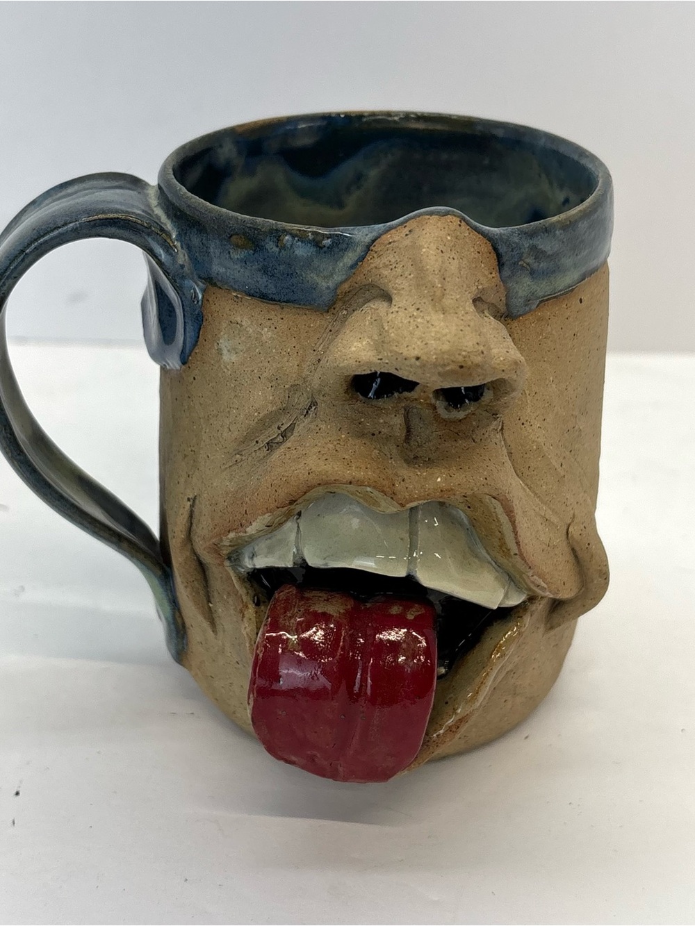 Folk Art Pottery UGLY Face Mug Big Mouth Tongue Ceramic Signed Funny Gag Gift